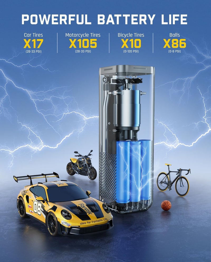 Fanttik ضاغط هواء محمول X8 APEX، تضخيم سريع في 1 دقيقة، ضاغط إطارات لاسلكي بضغط 150 PSI مع شاشة LED مزدوجة، مناسب للسيارة والدراجة النارية، للإطارات حتى 26.3 بوصة، رمادي ميكانيكي - Image 2